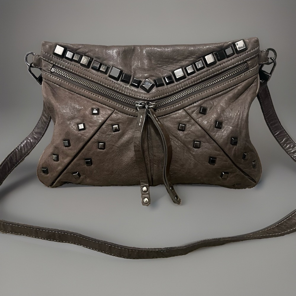 Treesje Jovi Taupe Grey Leather Studded Crossbody/clutch Bag Vintage Boho